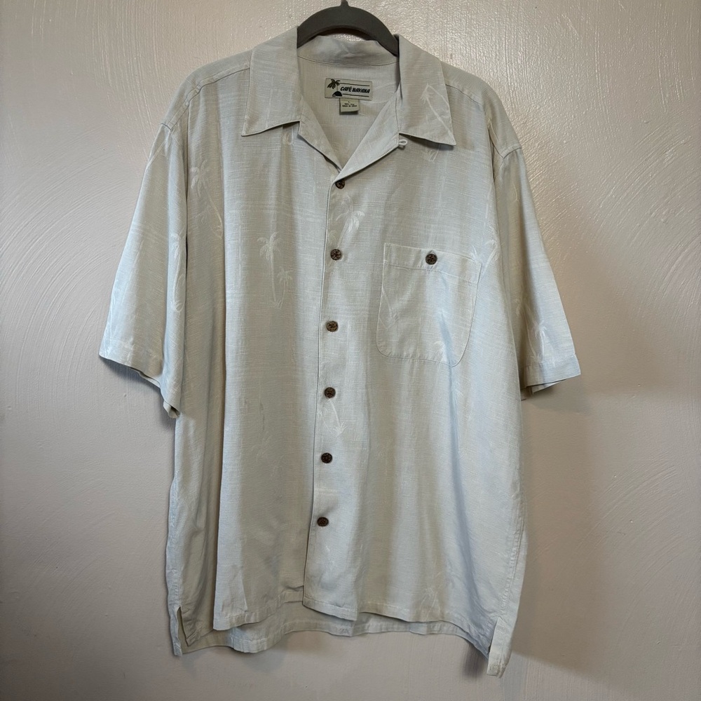 Cafe Havana Mens Shirt Silk Short Sleeve Button Down Palm Tree Print Beige Large